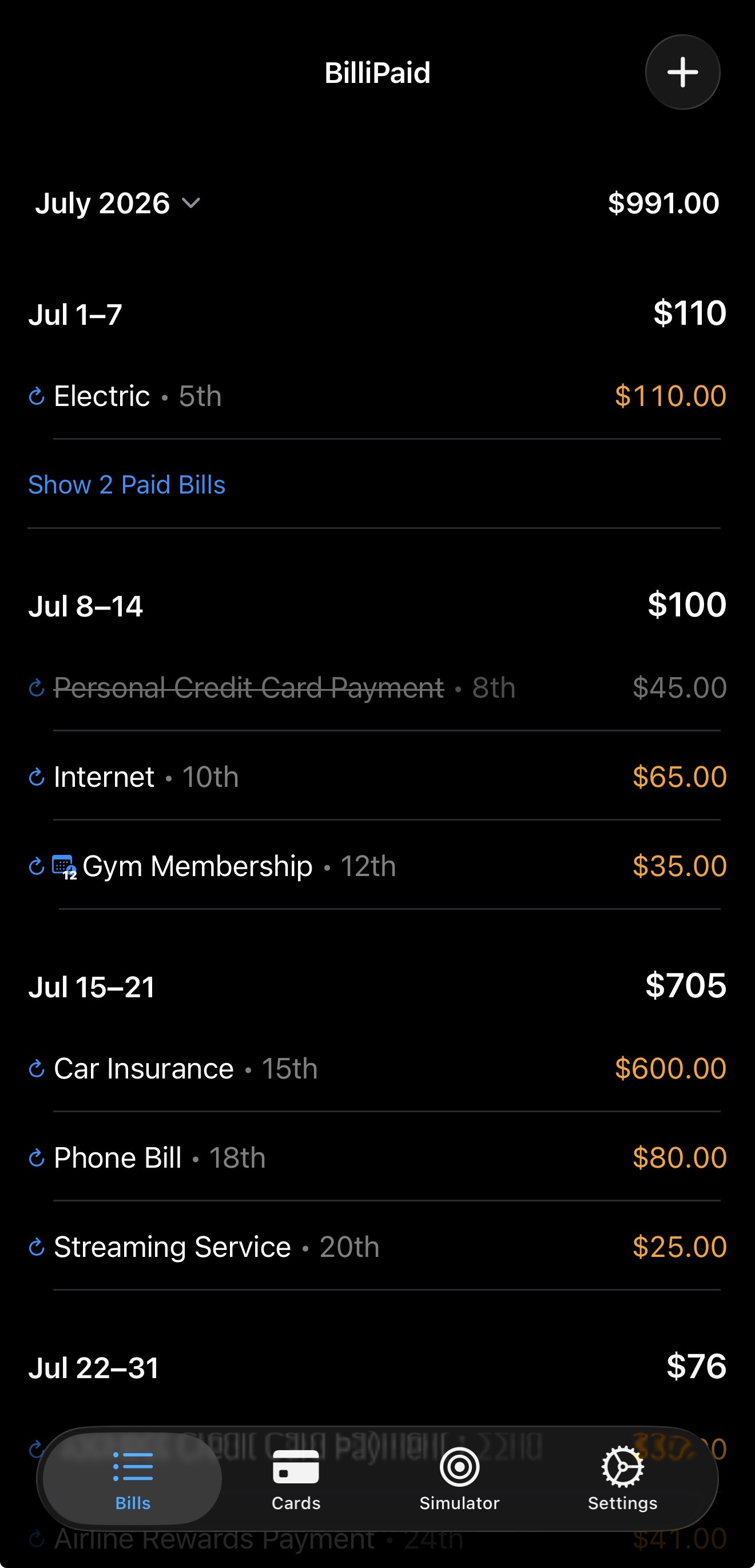 BilliPaid bills list grouped by week
