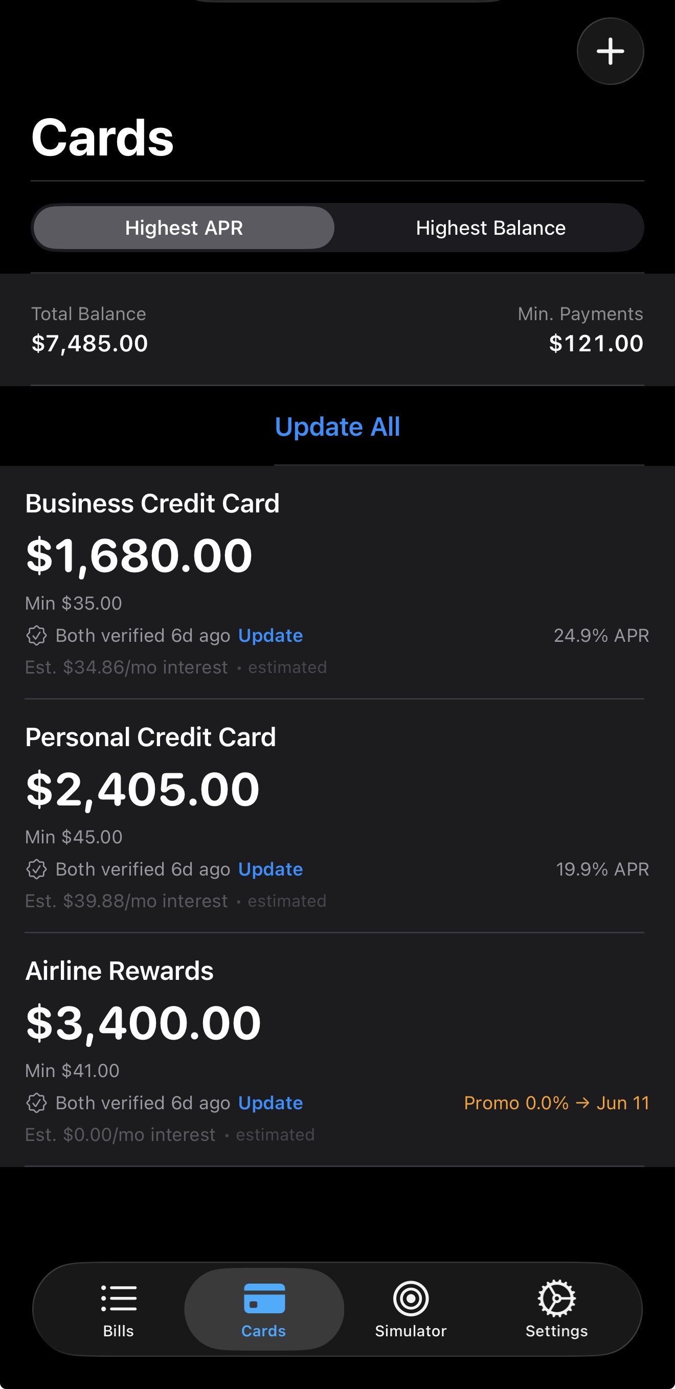 Cards view with balances, APR, and estimated interest