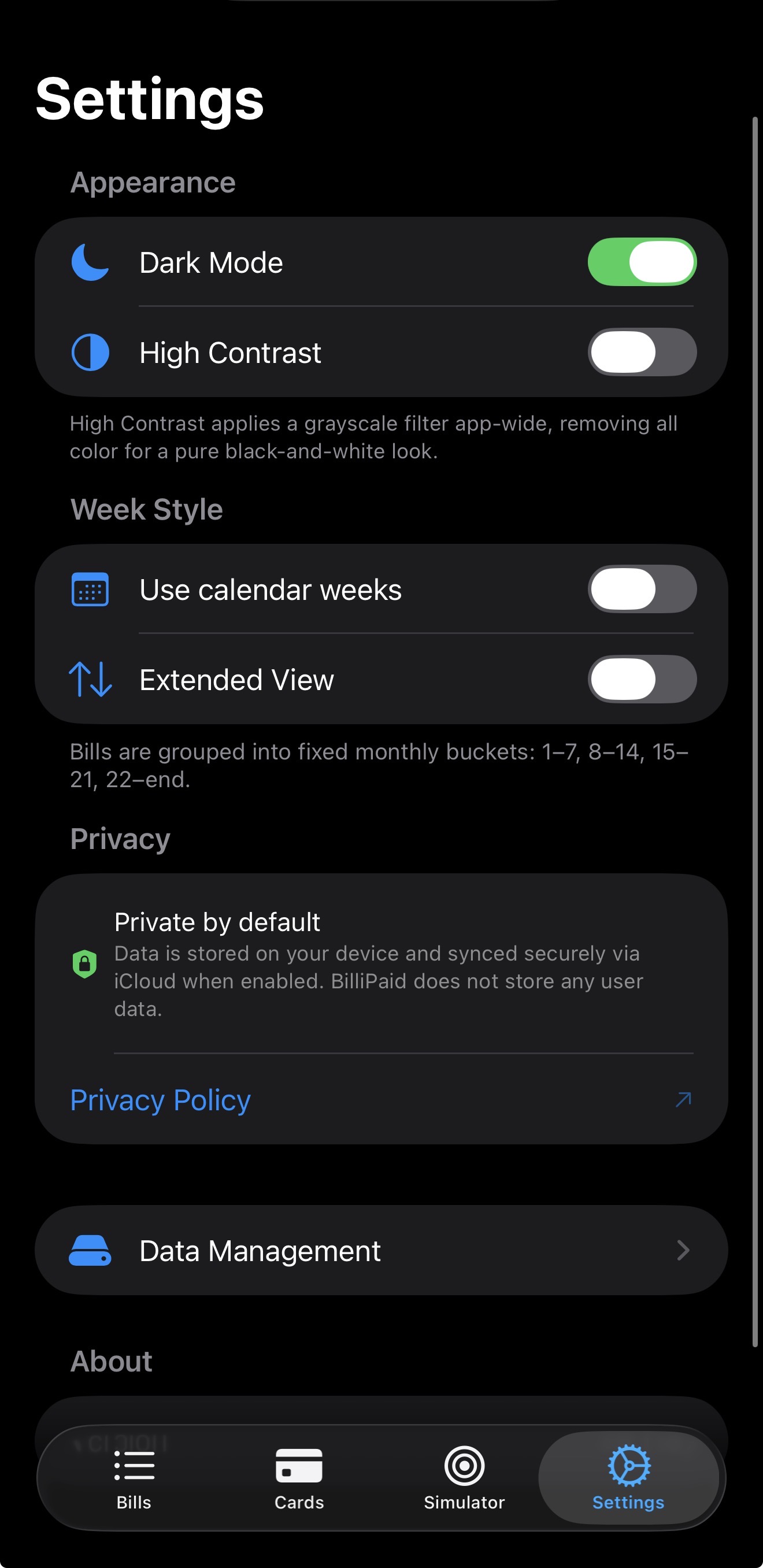 BilliPaid settings showing the Private by default panel