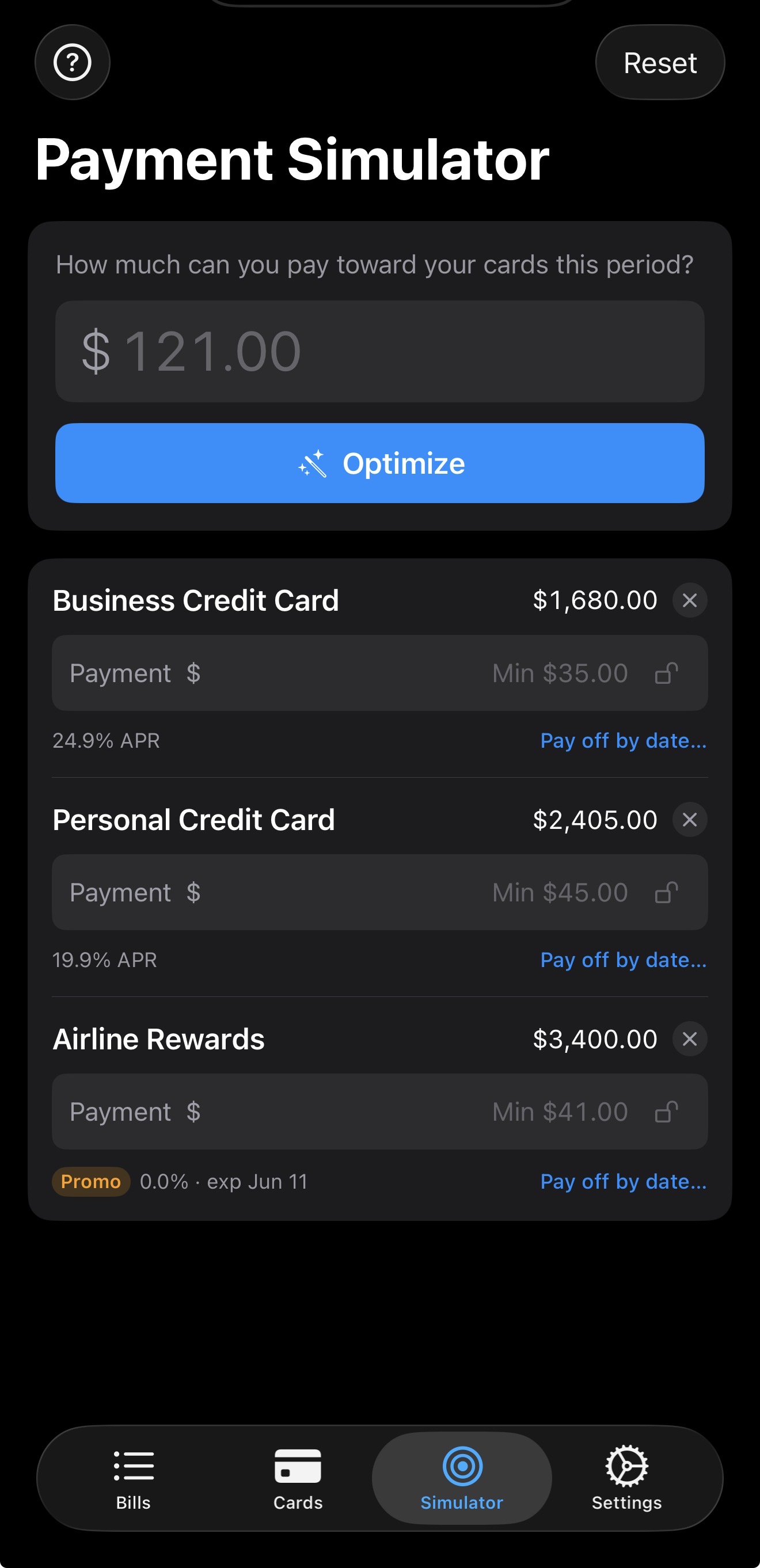 Payment Simulator with Optimize button